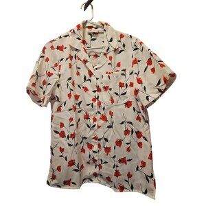 Alfred Dunner Womens Floral Short Sleeve Button-Up Blouse Red & Black Flowers On
